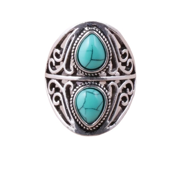 Vintage Style Double Turquoise and Silver Boho Ring - Picture 2 of 5